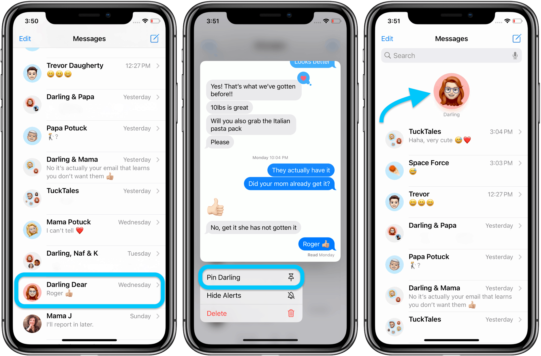 الميزة الاولي : تثبيت المحادثات في تطبيق iMessage
